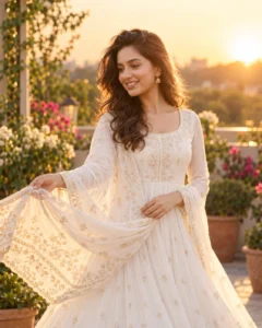 White Anarkali Suit Sunset Prompt